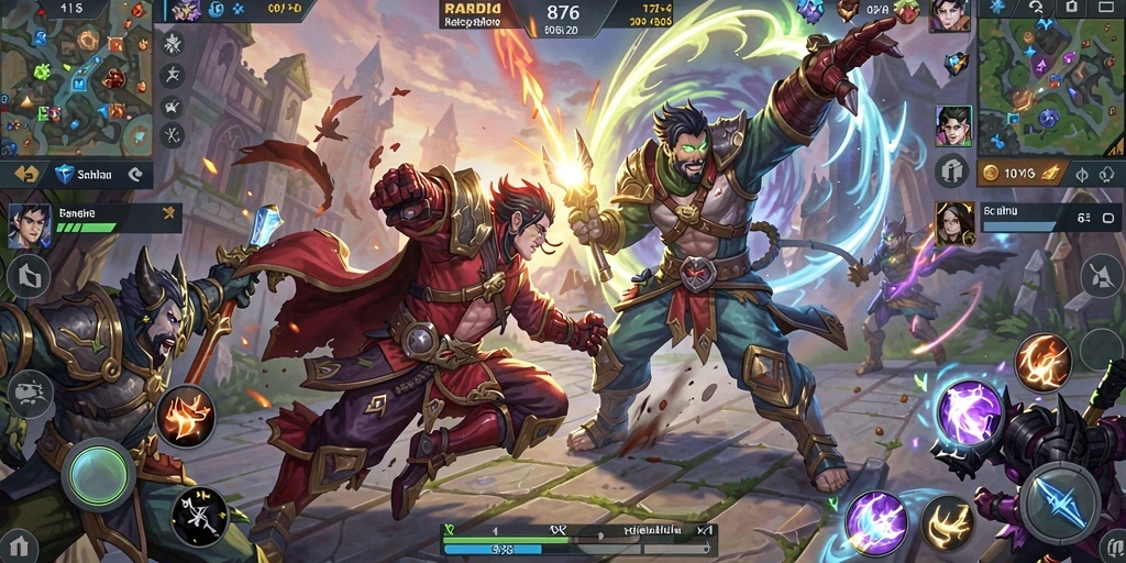 Tampilan seru dari gameplay 8768 di arena pertarungan MOBA.