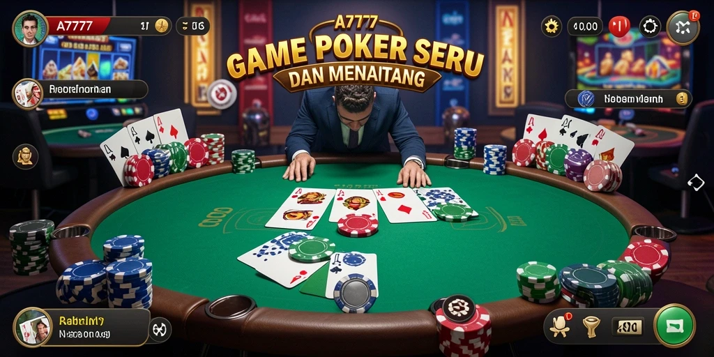 Screenshot A7777 menunjukkan atmosfer permainan Poker yang mendebarkan.