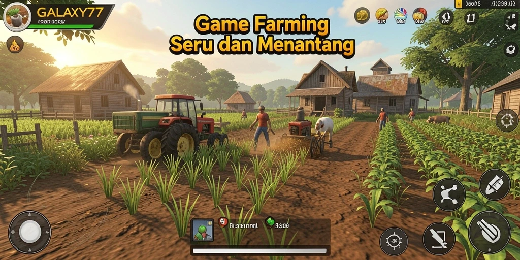 Screenshot gameplay GALAXY77 menampilkan ladang yang subur dan penuh warna.