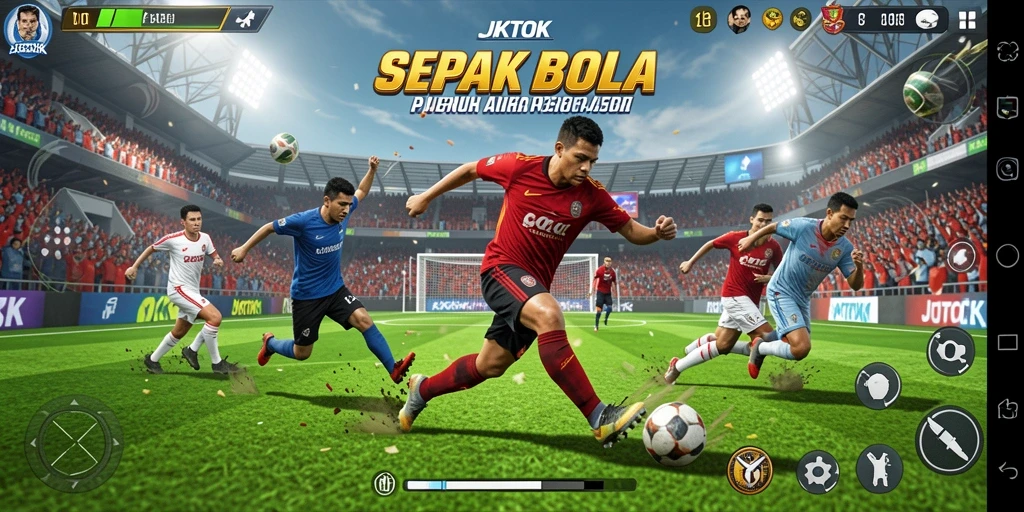 Tangkapan layar dari gameplay JKTOK yang mendebarkan dan penuh aksi sepak bola.