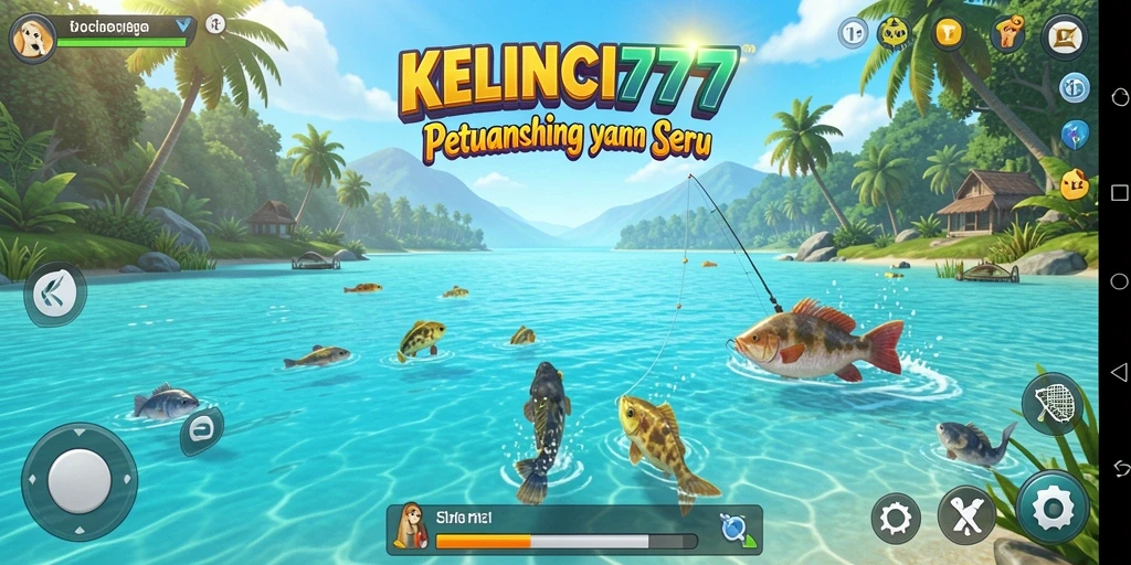 Screenshot utama KELINCI777 menunjukkan aksi seru memancing di lokasi yang indah.