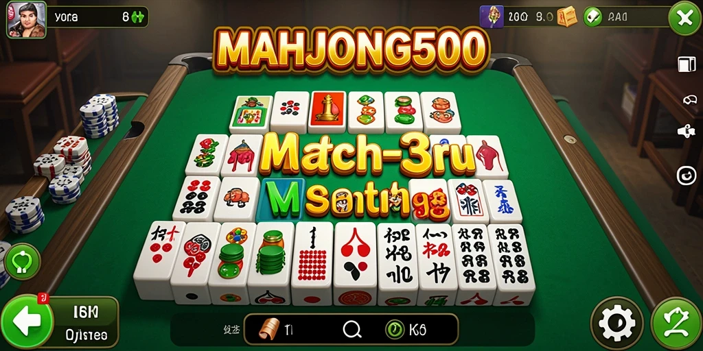 Screenshot MAHJONG500 menunjukkan gameplay Match-3 yang menantang.