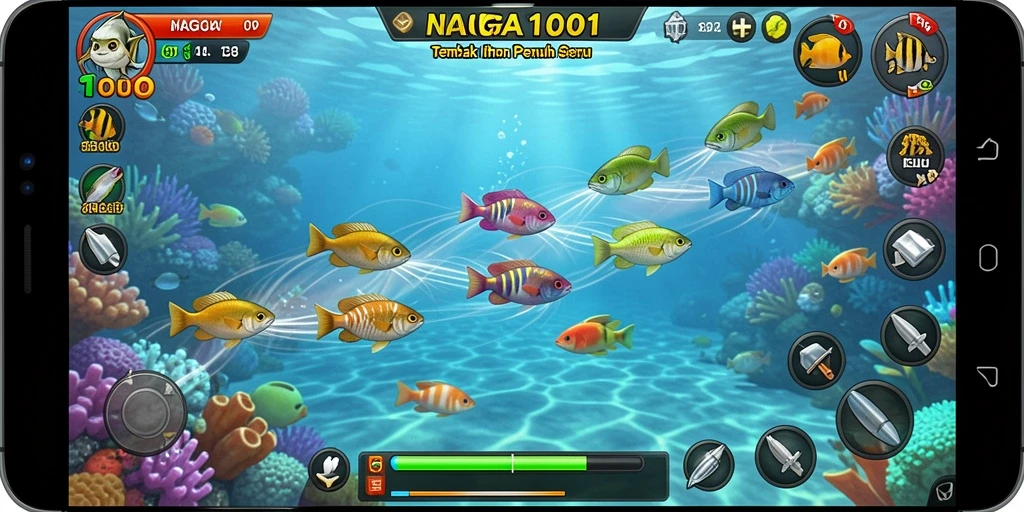 Screenshot menunjukkan momen menembak ikan yang seru di NAGA1001.