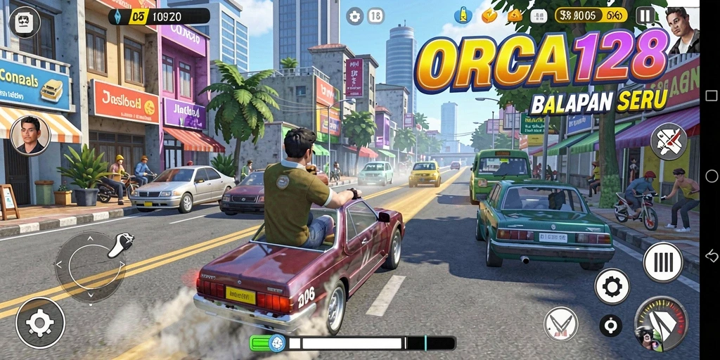 Screenshot gameplay ORCA128 yang menampilkan aksi balapan penuh semangat.