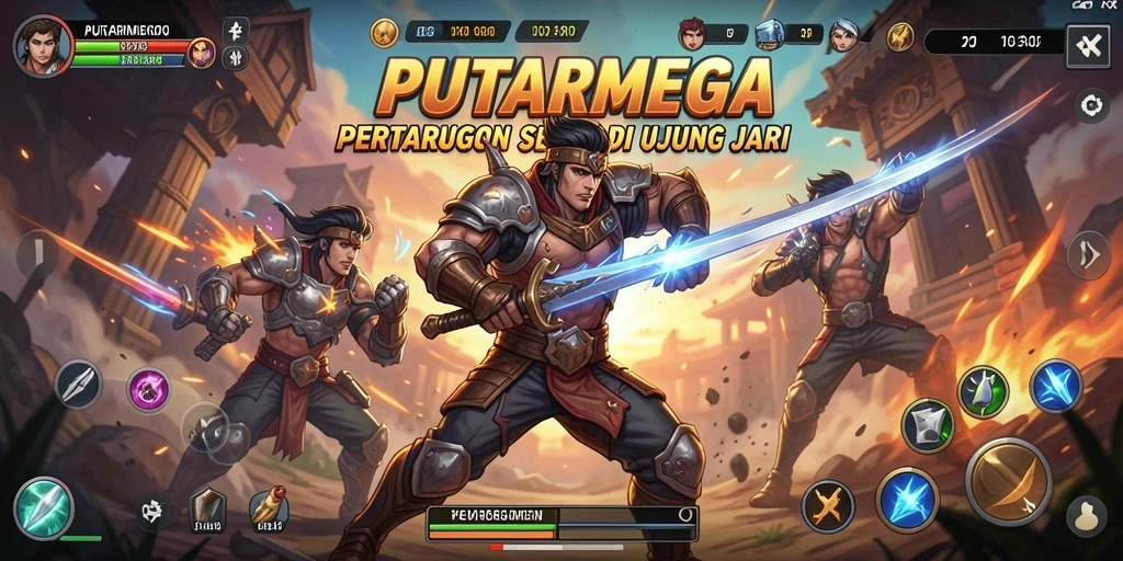 Gameplay PUTARMEGA menampilkan karakter bertarung dalam arena yang mendebarkan.